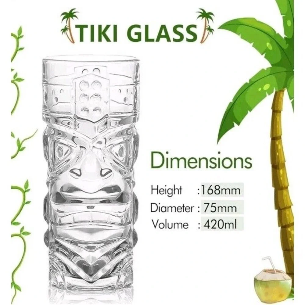 Tropical Tiki Bar Clear Glass‎ Highball Tumblers Set of 2 14 Oz w/ Metal Straw